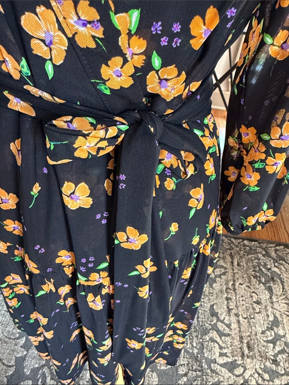 CAbi Black Wrap Midi Dress with Orange Floral Print #5945